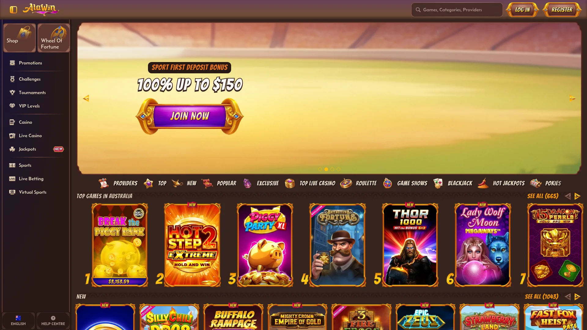 Alawin Casino desktop platform with casino and account access